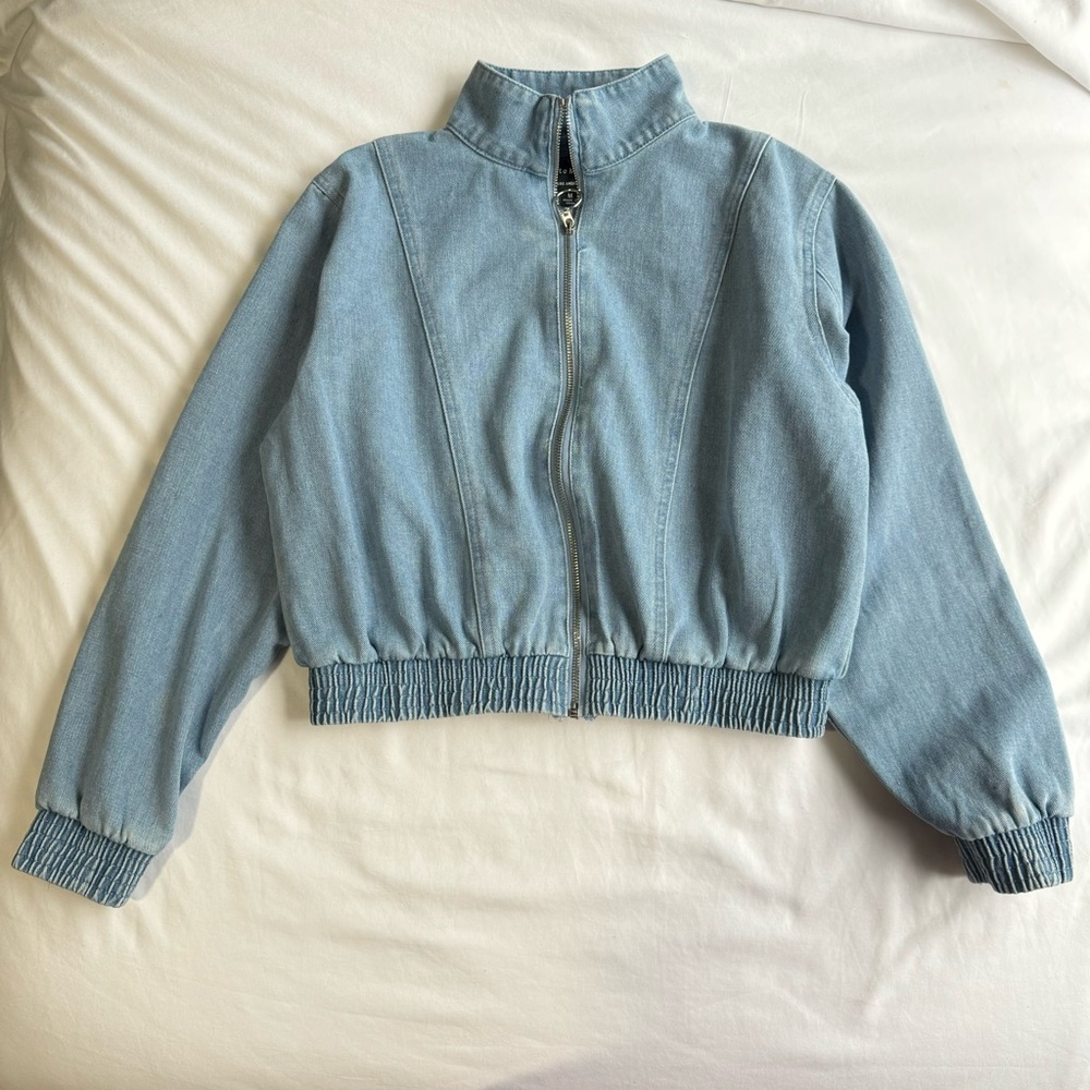 HAUTE MONDE O-Ring Zipper Wash Denim Bomber Jacket Size M - Picture 7 of 13